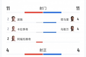 奥地利3-1约旦全场数据:射门11-11,射正4-4,得分机会3-0