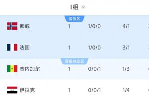 I组积分榜:挪威净胜球力压法国领跑!伊拉克垫底,塞内加尔第3