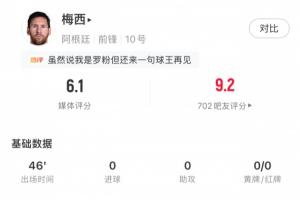 梅西国家队告别战半场数据:4射2正,错失2次良机,评分仅6.1分