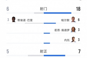 切尔西2-0埃弗顿全场数据:射门18-6,射正7-5,得分机会2-2